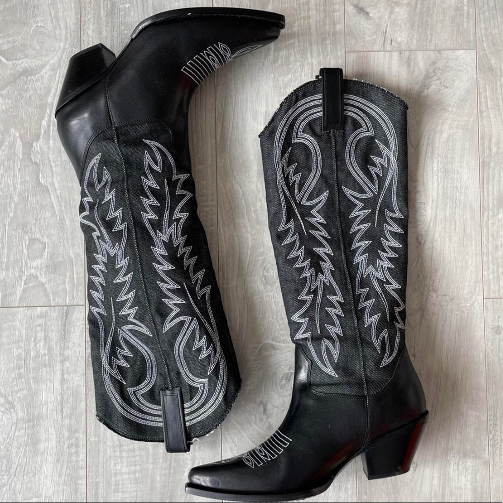 R13 Leather & Denim Cowboy Boots